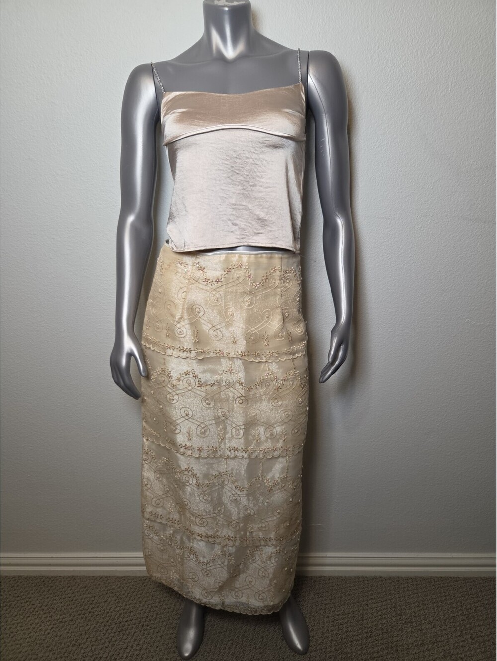 Hand made Straight and  Skirt Tan White Size M Long lace Chiffon sizes